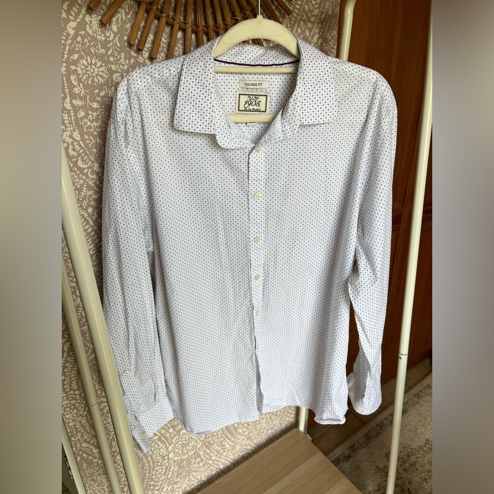 Joseph A. Bank White Navy Blue Dot Tailored Fit Classic Button Up Collared Shirt